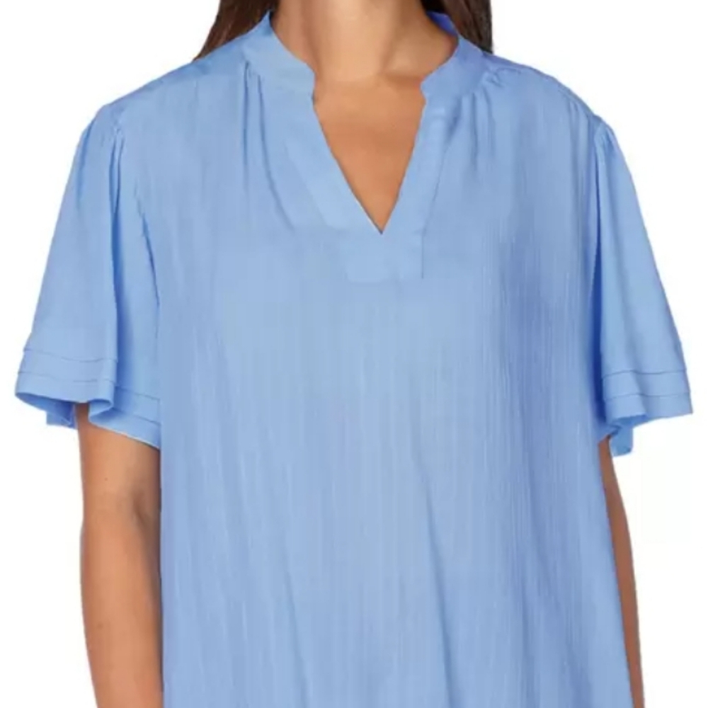 Well Worn Women's Blue Cuffed Ruffle Sleeve V-Neck Top - Picture 2 of 8